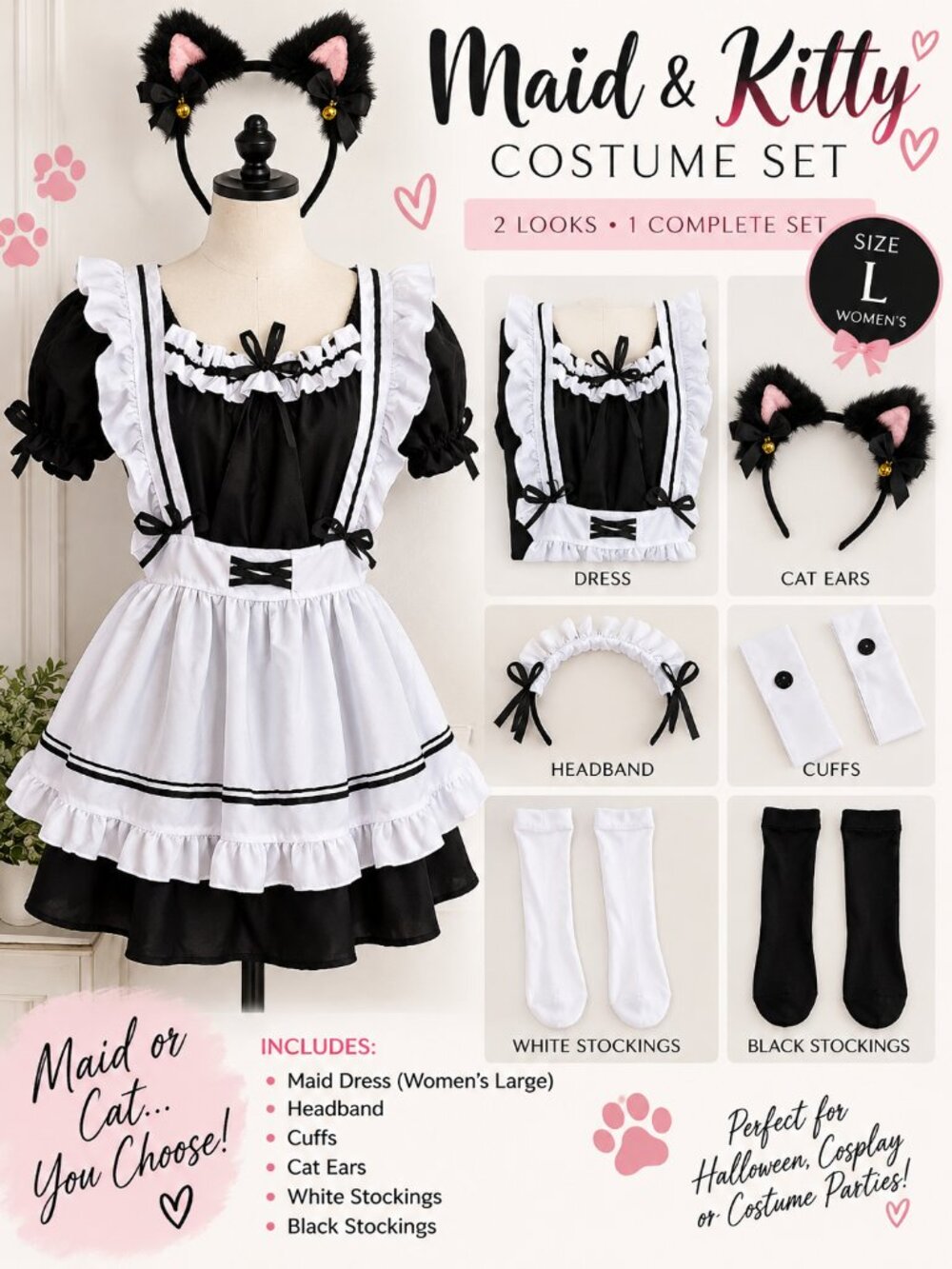 French Maid Cat Halloween Costume Women's Large Black White Dress Accessories